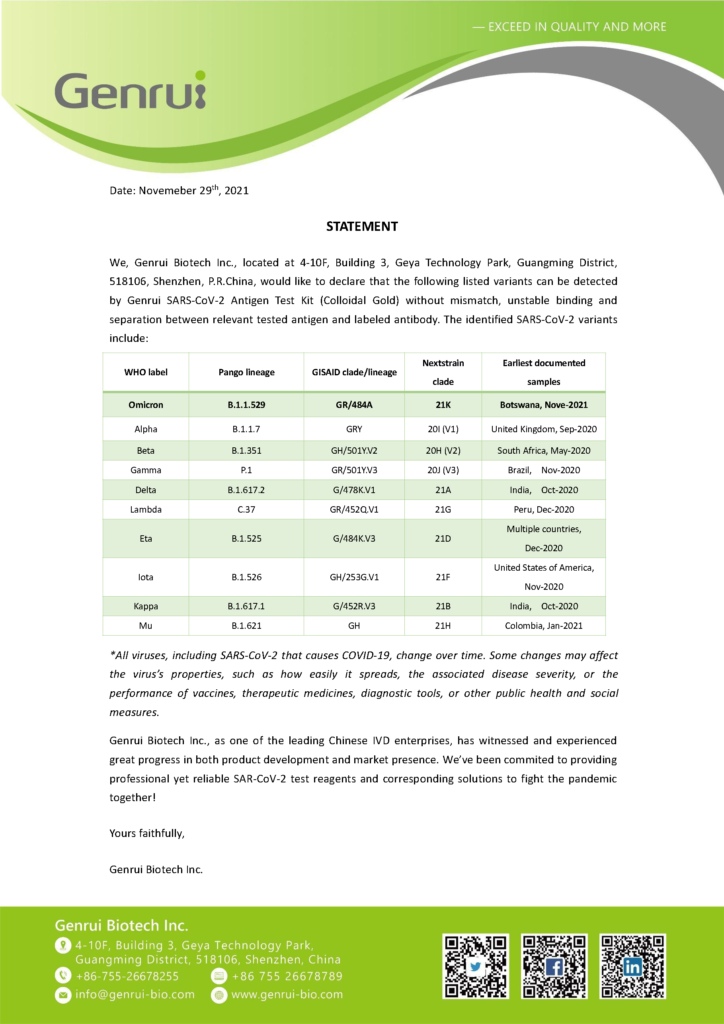 Statement of Genrui Antigen test